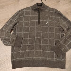NAUTICA Square Striped Print Gray White 1/4 Zip Pullover Sweatshirt Size…